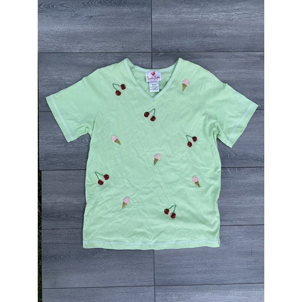 Quacker Factory Knit Blouse with Beaded Ice Cream Cones and Cherries Size M